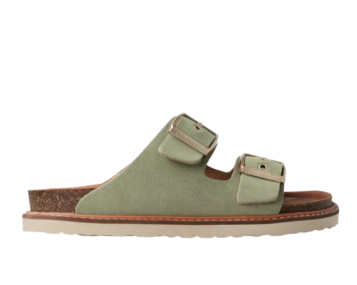 Miętowe klapki damskie Genuins Hawaii Velour Paradise na korkowej podeszwie – widok z boku.